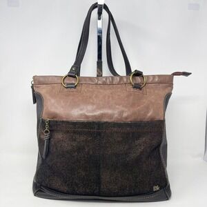The Sak Brown Shimmer Leather Tote Patchwork Large Pockets Zip Top Casual Boho